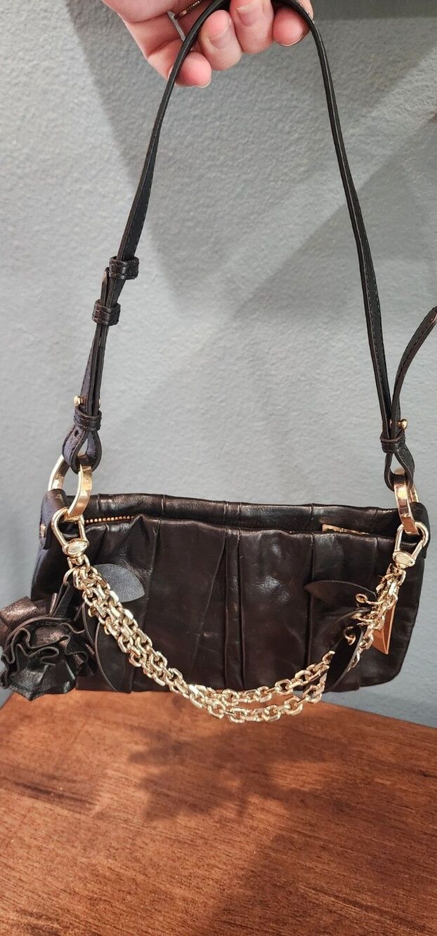 DKNY Leather Pleated Black 10" Shoulder Evening Bag Gold Chain Purse Charm